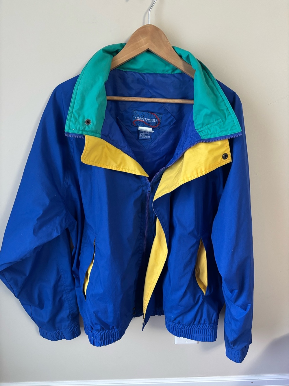 Vintage Unisex Royal Blue Windbreaker Jacket with Teal Collar & Yellow Accent